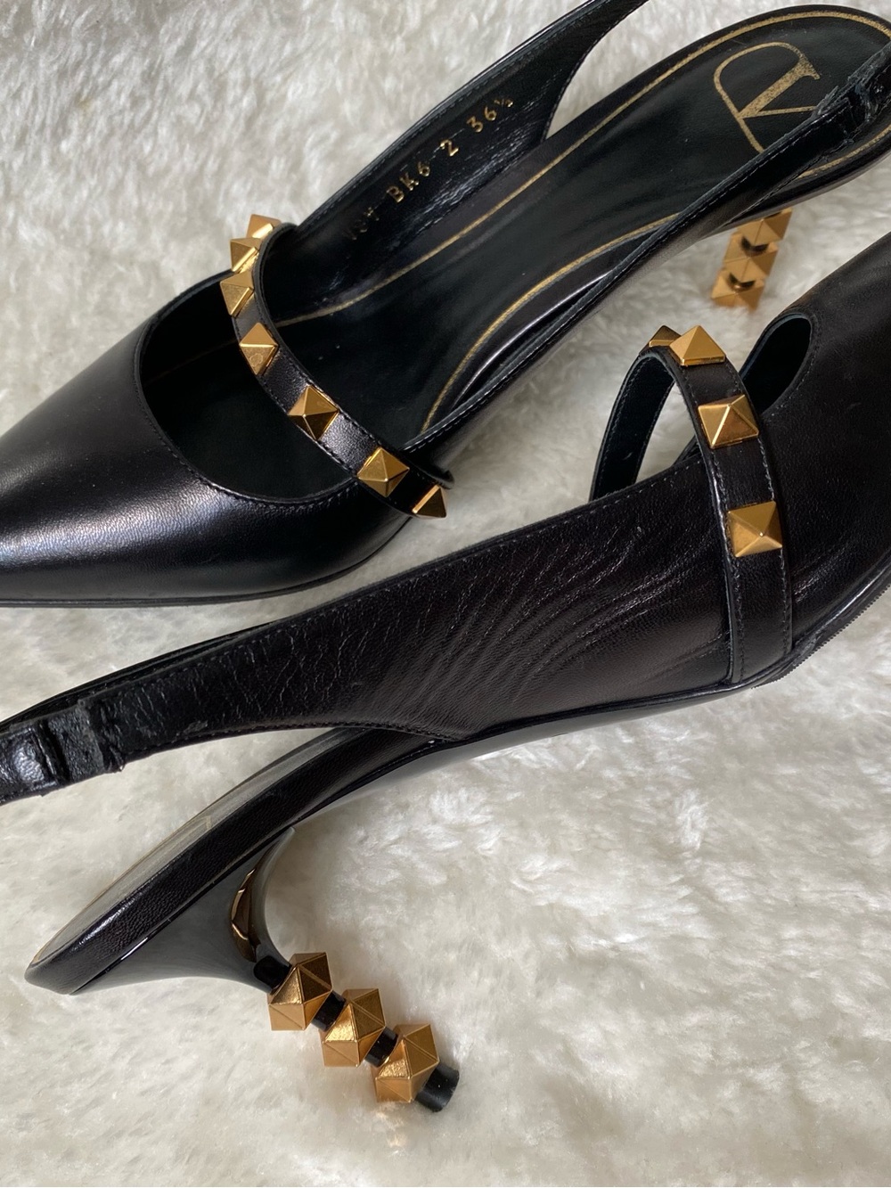 Valentino Rockstud Black Leather Slingback Kitten Heels